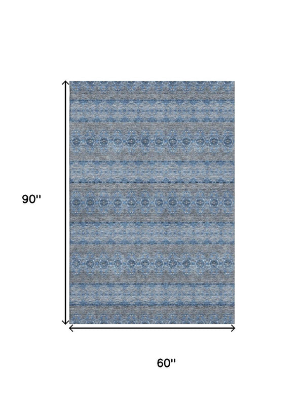 HomeRoots 5' X 8' Navy Gray Ivory Floral Medallion Area Rug - Washable, UV Protected & Stain-Resistant Design 651330