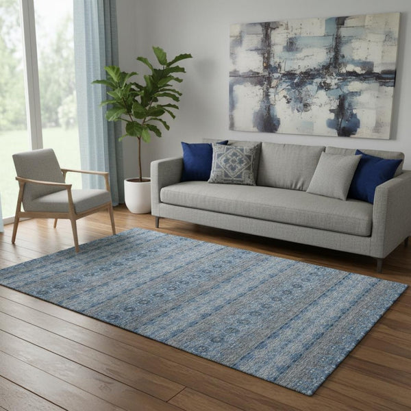 HomeRoots 5' X 8' Navy Gray Ivory Floral Medallion Area Rug - Washable, UV Protected & Stain-Resistant Design 651330