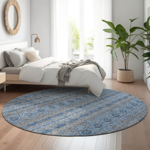 HomeRoots 8' Navy Blue Gray Floral Medallion Washable Round Rug - UV Protected, Easy-Care for Any Space! 651331