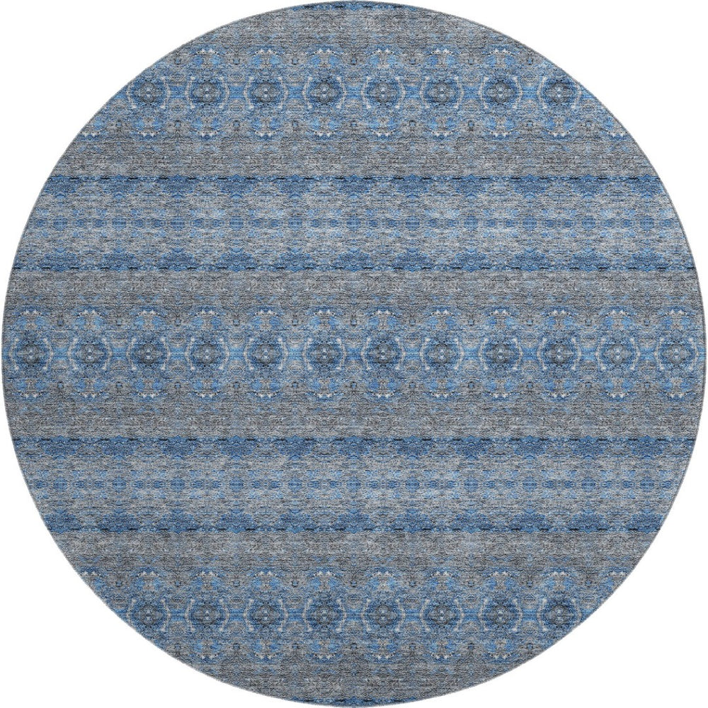 HomeRoots 8' Navy Blue Gray Floral Medallion Washable Round Rug - UV Protected, Easy-Care for Any Space! 651331