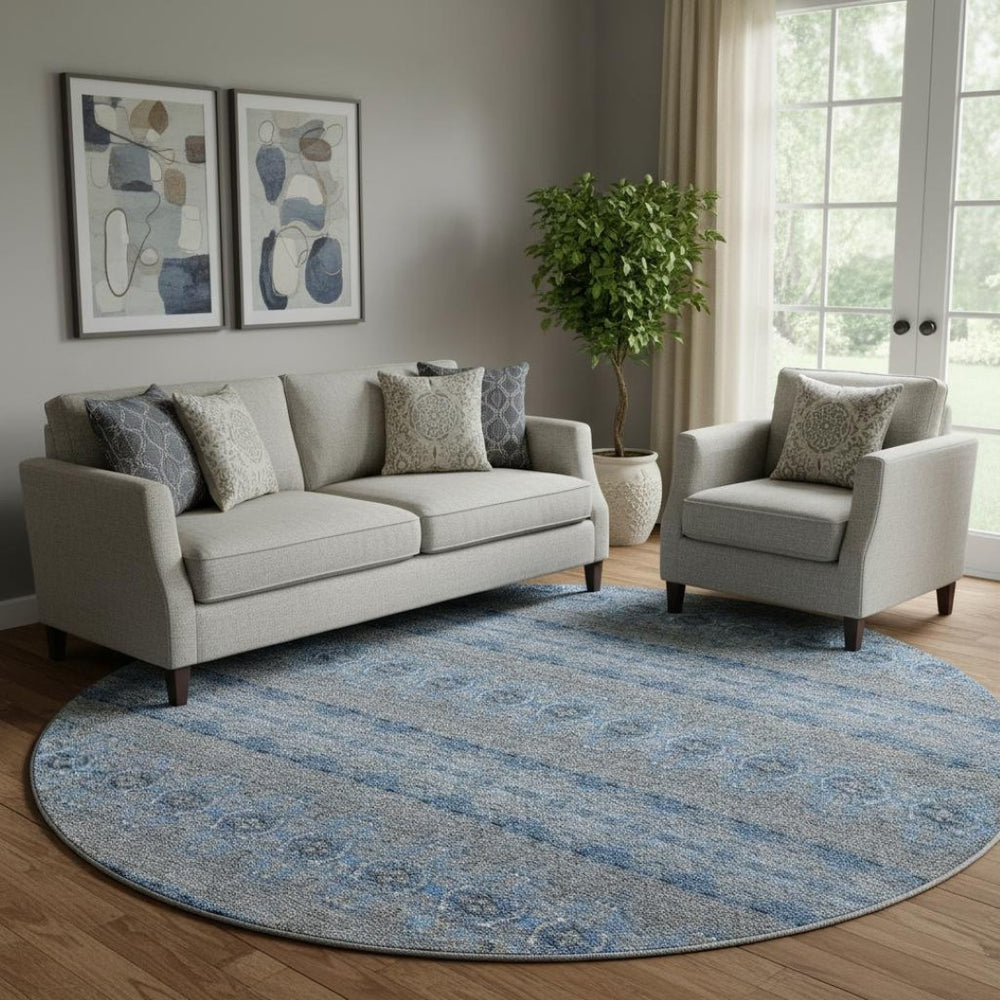 HomeRoots 8' Navy Blue Gray Floral Medallion Washable Round Rug - UV Protected, Easy-Care for Any Space! 651331