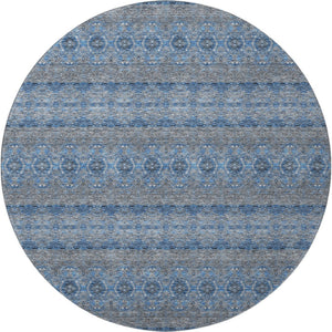 HomeRoots 8' Navy Blue Gray Floral Medallion Washable Round Rug - UV Protected, Easy-Care for Any Space! 651331