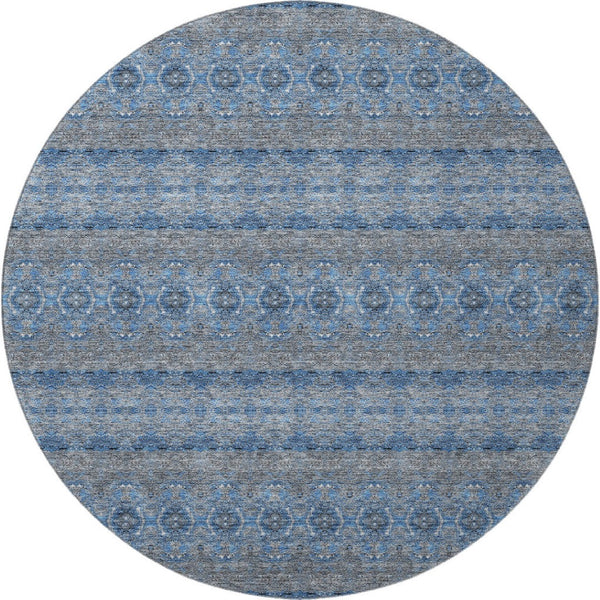 HomeRoots 8' Navy Blue Gray Floral Medallion Washable Round Rug - UV Protected, Easy-Care for Any Space! 651331