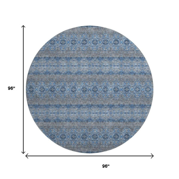HomeRoots 8' Navy Blue Gray Floral Medallion Washable Round Rug - UV Protected, Easy-Care for Any Space! 651331