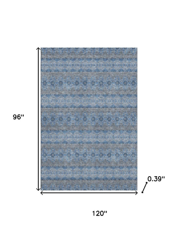 HomeRoots 8' X 10' Floral Medallion Washable Area Rug in Navy, Gray & Ivory - UV Protected, Stain Resistant Decor 651332