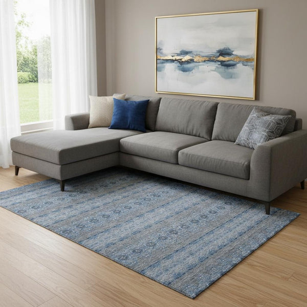 HomeRoots 9' X 12' Floral Medallion Area Rug in Navy Blue, Gray & Ivory - Washable, UV Protected & Durable 651333