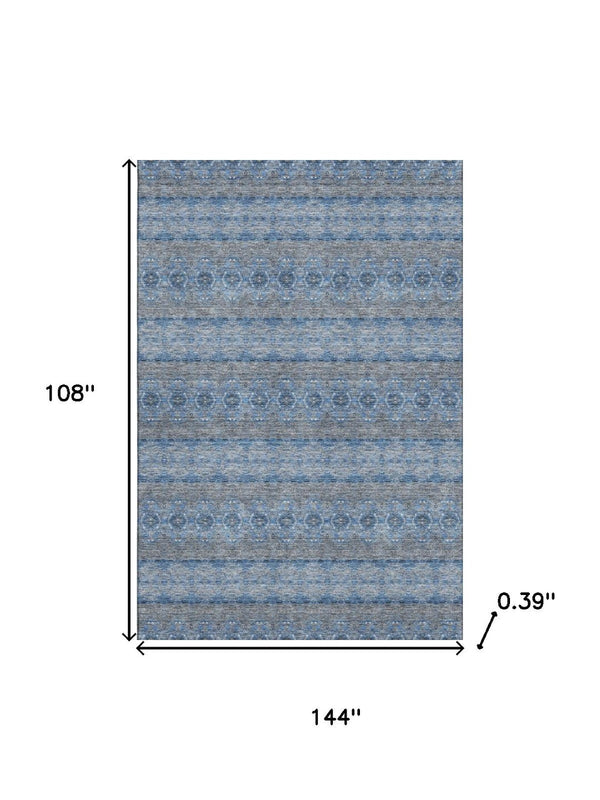 HomeRoots 9' X 12' Floral Medallion Area Rug in Navy Blue, Gray & Ivory - Washable, UV Protected & Durable 651333