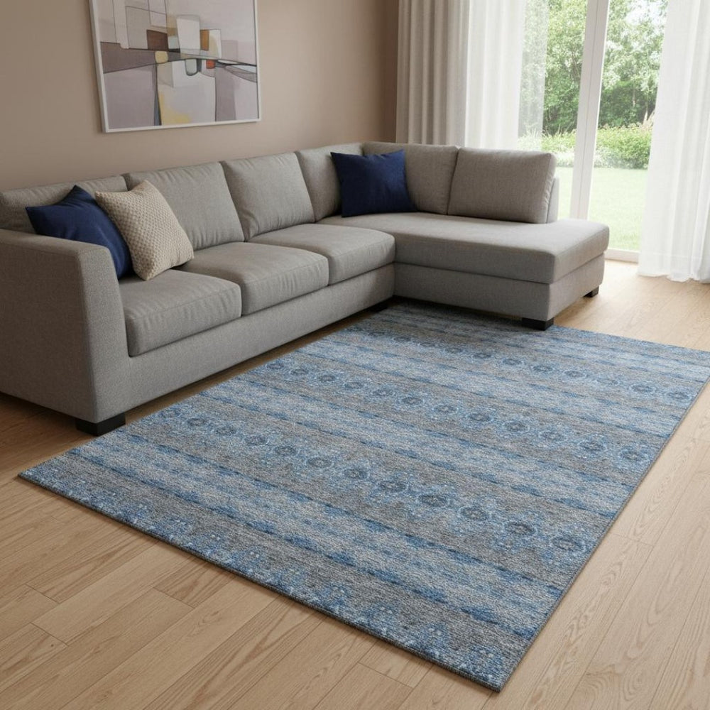 HomeRoots 10' X 14' Floral Medallion Area Rug – Navy, Gray & Ivory, Washable with UV Protection & Stain Resistance 651334