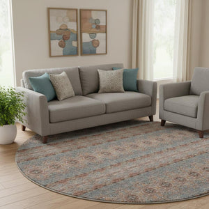 HomeRoots 8' Chili Red Gray Ivory Floral Medallion Round Rug - Washable, UV-Protected, Durable & Stylish 651337