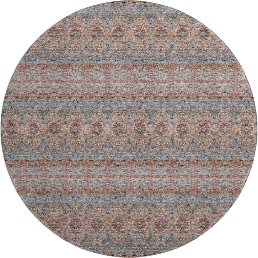 HomeRoots 8' Chili Red Gray Ivory Floral Medallion Round Rug - Washable, UV-Protected, Durable & Stylish 651337