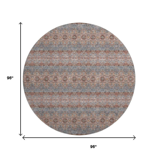 HomeRoots 8' Chili Red Gray Ivory Floral Medallion Round Rug - Washable, UV-Protected, Durable & Stylish 651337