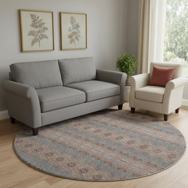 HomeRoots 8' Chili Red Gray Ivory Floral Medallion Round Rug - Washable, UV-Protected, Durable & Stylish 651337