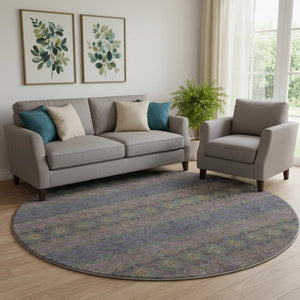 HomeRoots 8' Floral Medallion Washable Round Rug in Purple, Gold & Blue – UV Protection for Busy Homes 651343