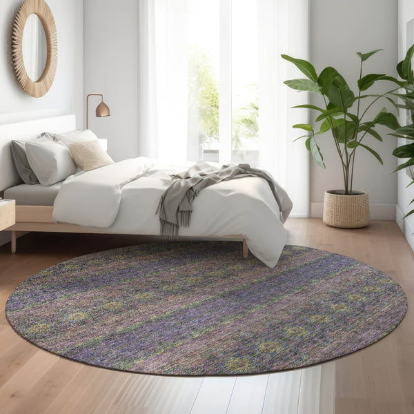 HomeRoots 8' Floral Medallion Washable Round Rug in Purple, Gold & Blue – UV Protection for Busy Homes 651343