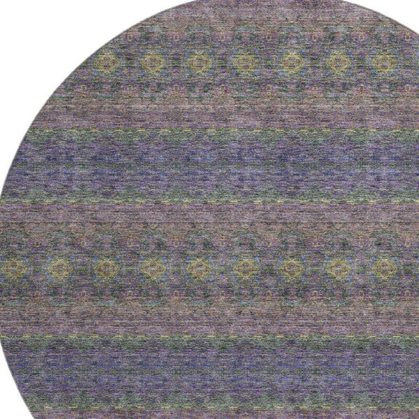 HomeRoots 8' Floral Medallion Washable Round Rug in Purple, Gold & Blue – UV Protection for Busy Homes 651343