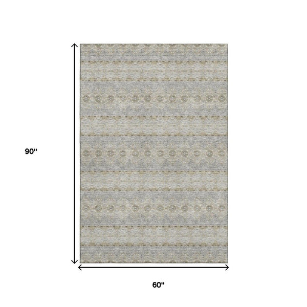 HomeRoots 5' X 8' Floral Medallion Area Rug in Silver Beige & Ivory - Washable, UV Protected, Stylish & Durable 651348