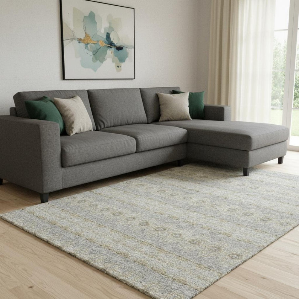 HomeRoots 9' X 12' Floral Medallion Area Rug in Silver-Beige and Ivory - Washable, UV Protected, Durable Design 651351