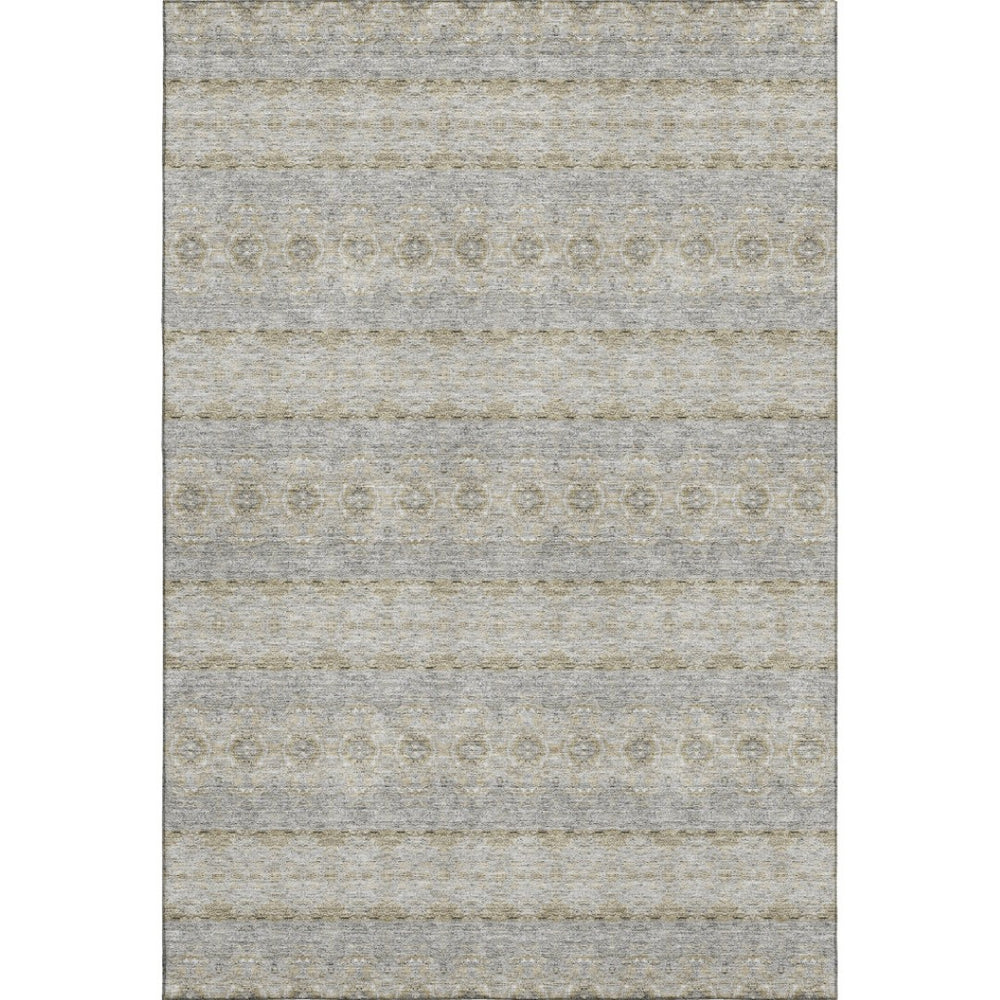 HomeRoots 9' X 12' Floral Medallion Area Rug in Silver-Beige and Ivory - Washable, UV Protected, Durable Design 651351