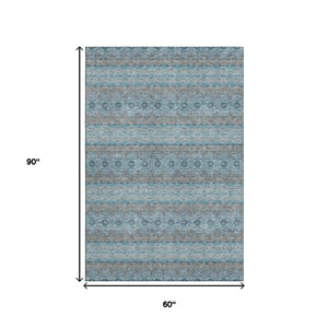 HomeRoots 5' X 8' Teal Gray Ivory Floral Medallion Area Rug – Stain-Resistant, UV Protected, Washable Design 651354