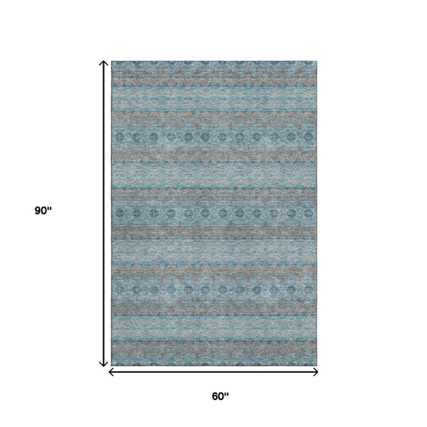 HomeRoots 5' X 8' Teal Gray Ivory Floral Medallion Area Rug – Stain-Resistant, UV Protected, Washable Design 651354