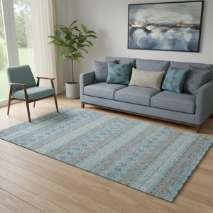 HomeRoots 5' X 8' Teal Gray Ivory Floral Medallion Area Rug – Stain-Resistant, UV Protected, Washable Design 651354