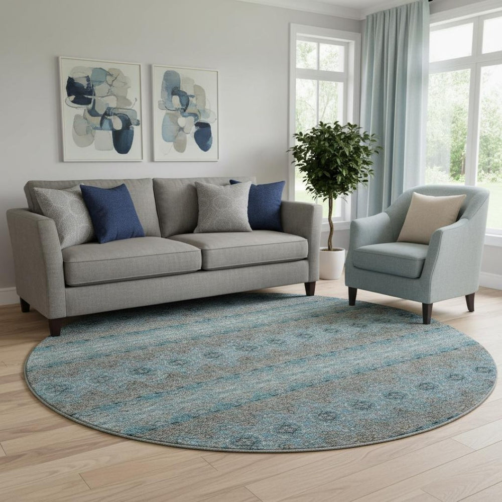 HomeRoots 8' Teal Gray & Ivory Floral Medallion Rug – Washable, UV-Protected, Perfect for Busy Homes! 651355