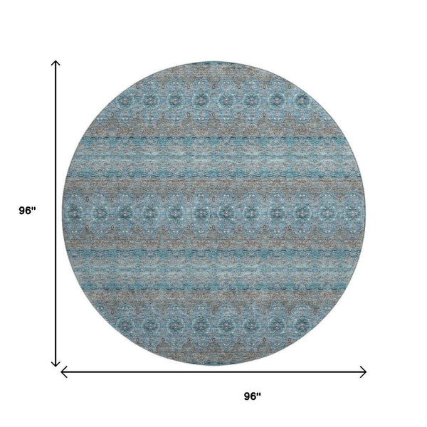 HomeRoots 8' Teal Gray & Ivory Floral Medallion Rug – Washable, UV-Protected, Perfect for Busy Homes! 651355