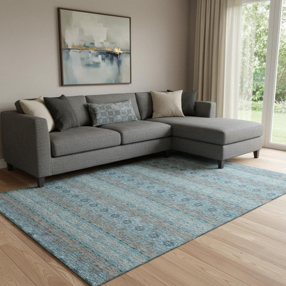 HomeRoots 8' X 10' Teal Gray Ivory Floral Medallion Area Rug - Stain-Resistant, UV Protected, Stylish & Durable! 651356
