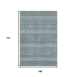 HomeRoots 9' X 12' Elegant Teal Gray Ivory Floral Medallion Area Rug - Washable, UV Protected, Durable Design 651357