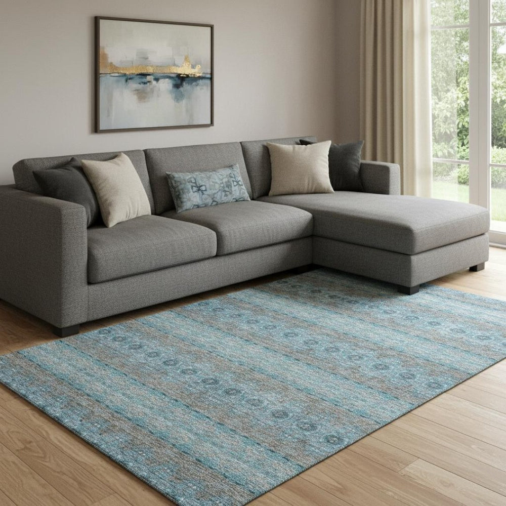 HomeRoots 9' X 12' Elegant Teal Gray Ivory Floral Medallion Area Rug - Washable, UV Protected, Durable Design 651357