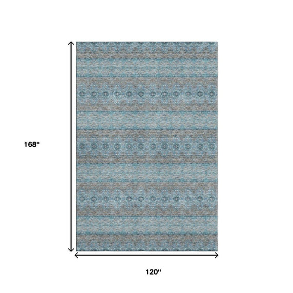 HomeRoots 10' Teal Gray & Ivory Floral Medallion Area Rug - Washable, Stain-Resistant, UV Protected for Homes 651358