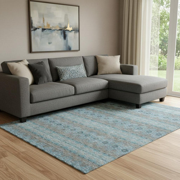 HomeRoots 10' Teal Gray & Ivory Floral Medallion Area Rug - Washable, Stain-Resistant, UV Protected for Homes 651358