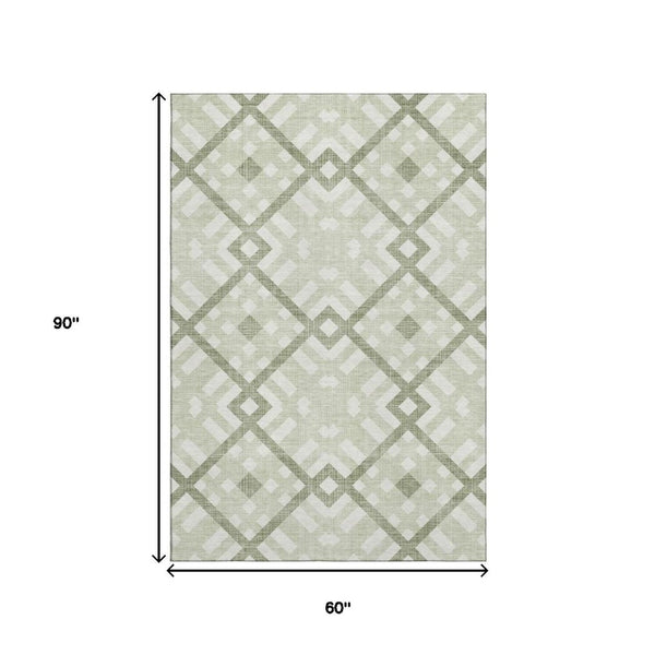 HomeRoots 5' Geometric Artichoke Green & Ivory Washable Area Rug – UV Protected, Durable, Stylish & Easy-Care! 651360