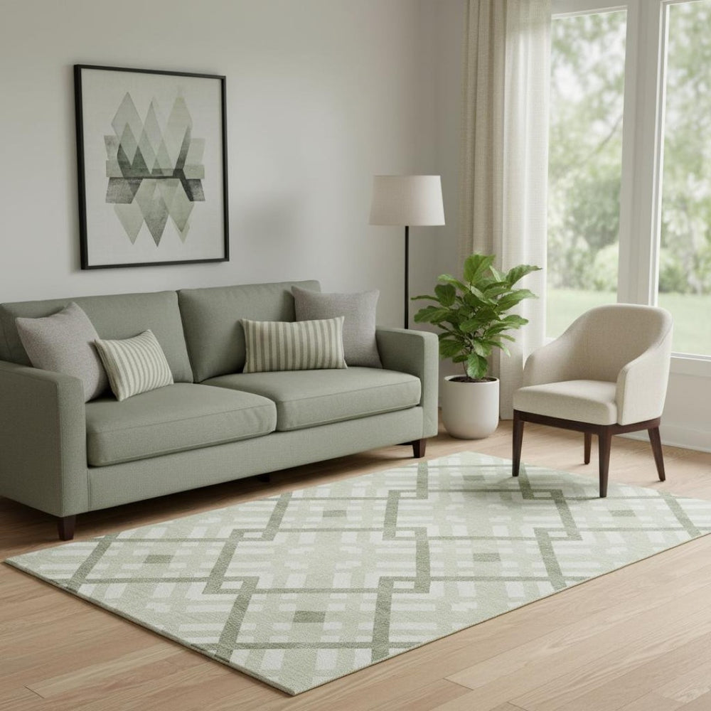 HomeRoots 5' Geometric Artichoke Green & Ivory Washable Area Rug – UV Protected, Durable, Stylish & Easy-Care! 651360