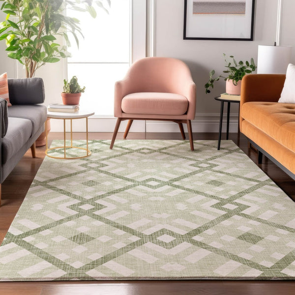 HomeRoots 5' Geometric Artichoke Green & Ivory Washable Area Rug – UV Protected, Durable, Stylish & Easy-Care! 651360