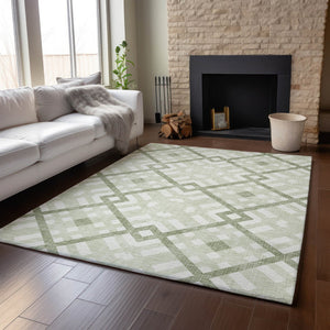 HomeRoots 5' Geometric Artichoke Green & Ivory Washable Area Rug – UV Protected, Durable, Stylish & Easy-Care! 651360