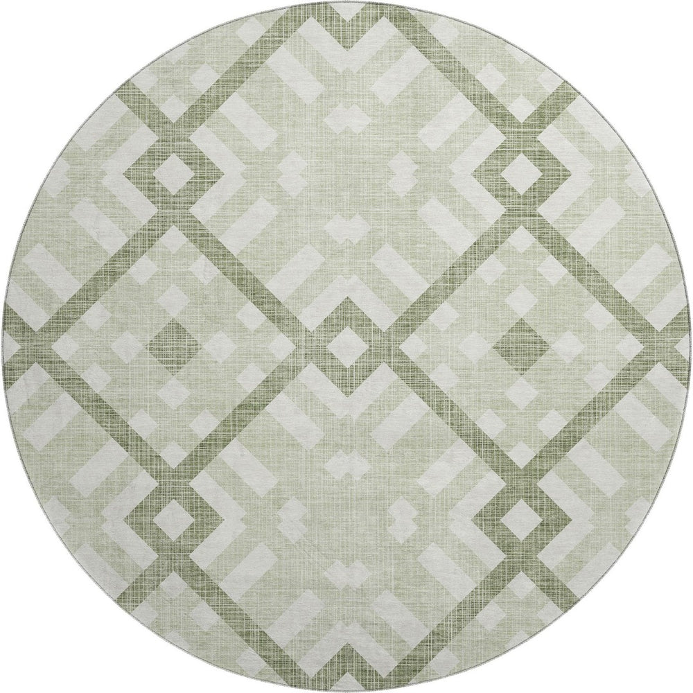 HomeRoots 8' Artichoke Green and Ivory Geometric Round Rug – Washable, UV Protected, Family-Friendly Design! 651361