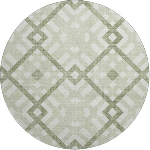 HomeRoots 8' Artichoke Green and Ivory Geometric Round Rug – Washable, UV Protected, Family-Friendly Design! 651361