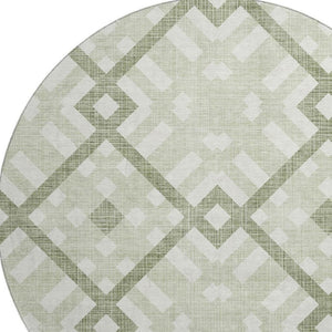 HomeRoots 8' Artichoke Green and Ivory Geometric Round Rug – Washable, UV Protected, Family-Friendly Design! 651361