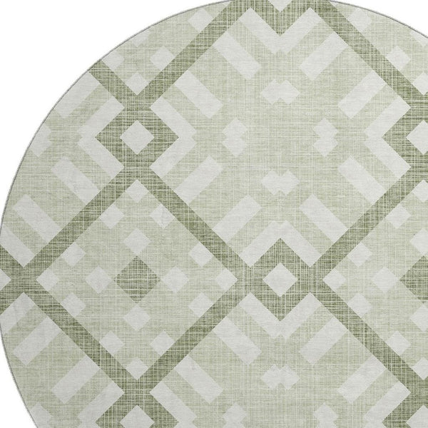 HomeRoots 8' Artichoke Green and Ivory Geometric Round Rug – Washable, UV Protected, Family-Friendly Design! 651361