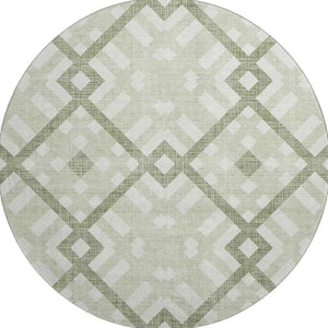 HomeRoots 8' Artichoke Green and Ivory Geometric Round Rug – Washable, UV Protected, Family-Friendly Design! 651361