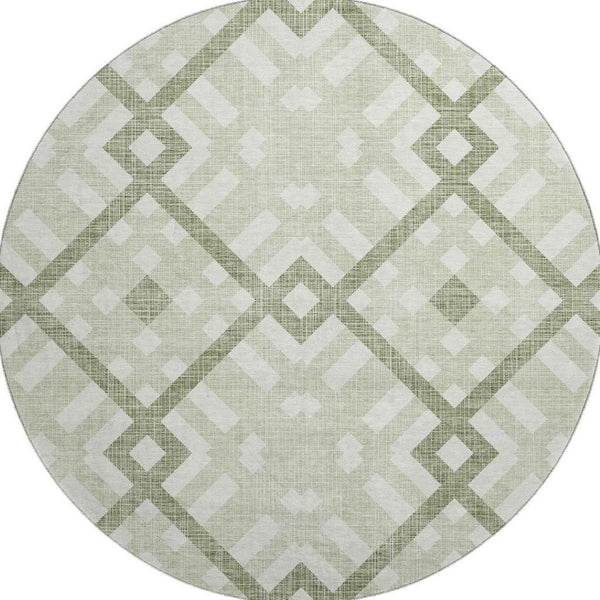 HomeRoots 8' Artichoke Green and Ivory Geometric Round Rug – Washable, UV Protected, Family-Friendly Design! 651361