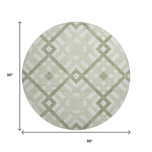 HomeRoots 8' Artichoke Green and Ivory Geometric Round Rug – Washable, UV Protected, Family-Friendly Design! 651361