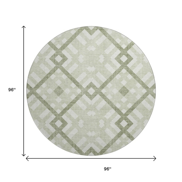 HomeRoots 8' Artichoke Green and Ivory Geometric Round Rug – Washable, UV Protected, Family-Friendly Design! 651361