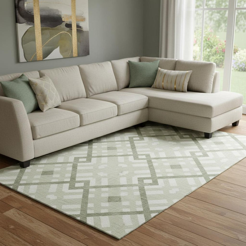 HomeRoots 8' X 10' Artichoke Green & Ivory Geometric Area Rug - Washable, UV-Protected, Stylish & Durable! 651362