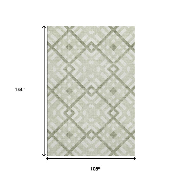 HomeRoots 9' X 12' Artichoke Green Geometric Area Rug - Washable, UV Protected, Stain-Resistant & Stylish 651363