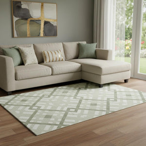 HomeRoots 9' X 12' Artichoke Green Geometric Area Rug - Washable, UV Protected, Stain-Resistant & Stylish 651363