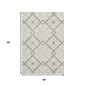 HomeRoots 5' X 8' Washable Beige & Ivory Geometric Area Rug with UV Protection for Modern Living Spaces 651366