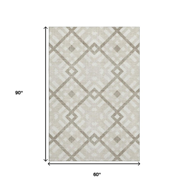 HomeRoots 5' X 8' Washable Beige & Ivory Geometric Area Rug with UV Protection for Modern Living Spaces 651366