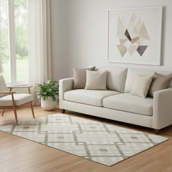HomeRoots 5' X 8' Washable Beige & Ivory Geometric Area Rug with UV Protection for Modern Living Spaces 651366